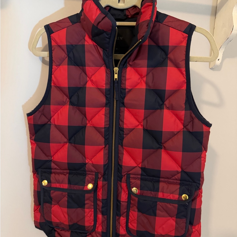J. Crew Red and Navy Plaid Puffer Vest